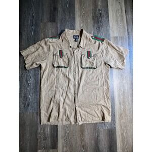 Z Brand Safari Shirt Mens 3XL Tan Good Linen Blend Red Green Webbing Utility